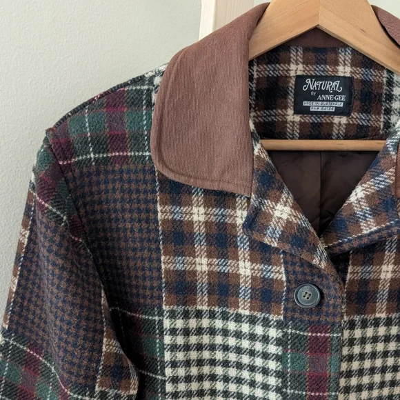 Vintage Wool Plaid Patchwork Button Up Jacket In Burgundy/Brown/Navy